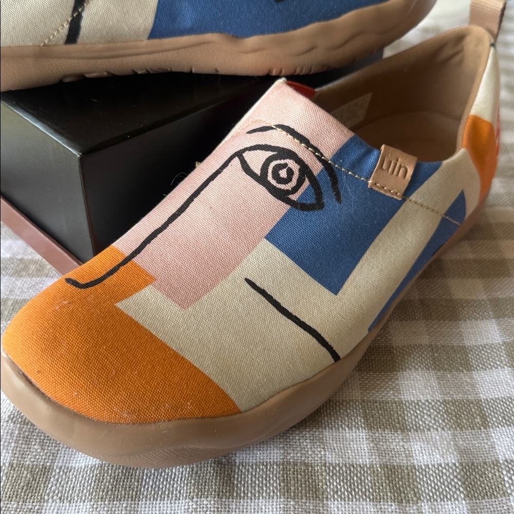 UIN.   Women’s Slip-On Sneakers in Blue, Pink & Orange with Playful Face Art - Picture 5 of 6